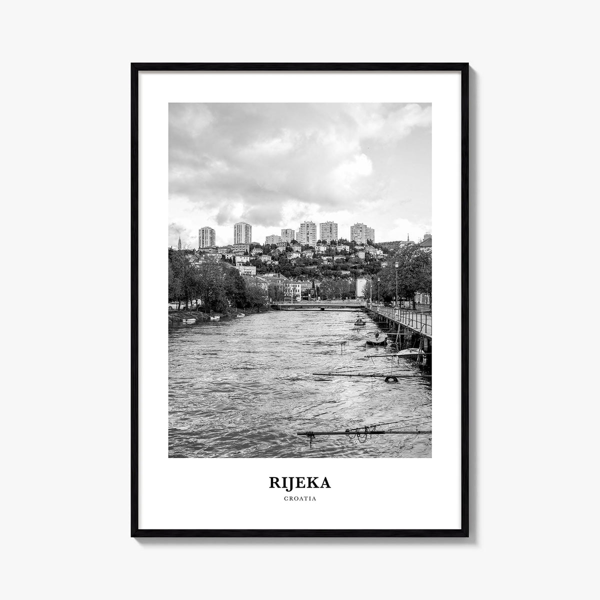 Rijeka black & white classic poster of Croatia – vertical wall art, unframed print shown in interior mockup