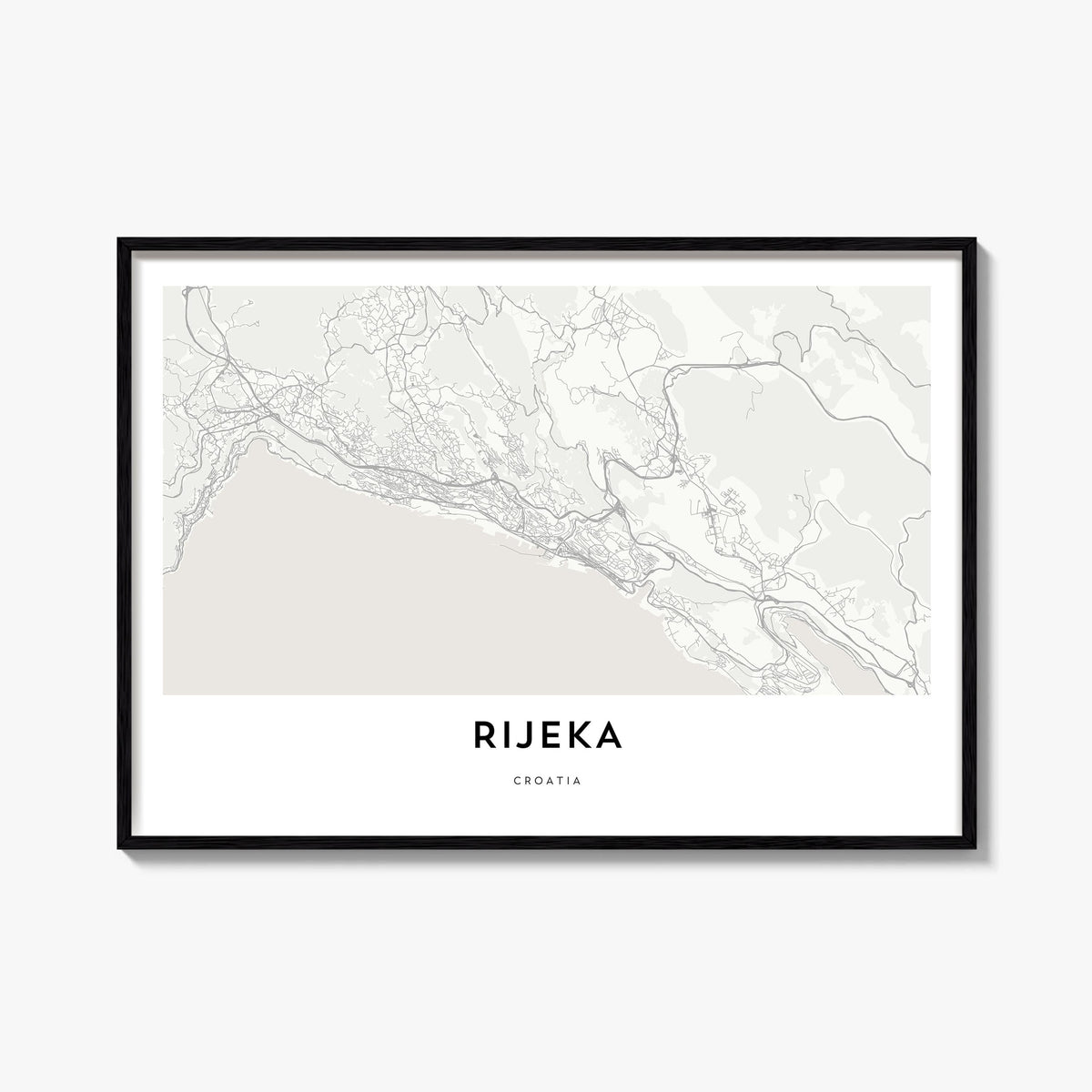 Rijeka black & white map poster of Croatia – horizontal wall art, unframed print shown in interior mockup