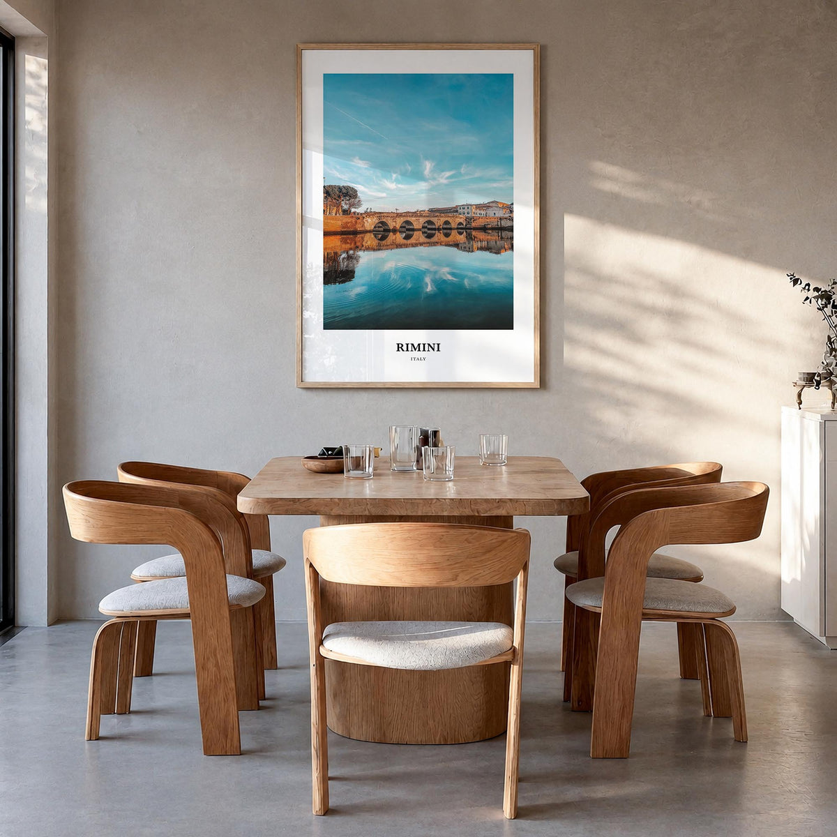 Rimini colorful classic poster of Italy – vertical wall art in natural wood frame, hanging on wall
