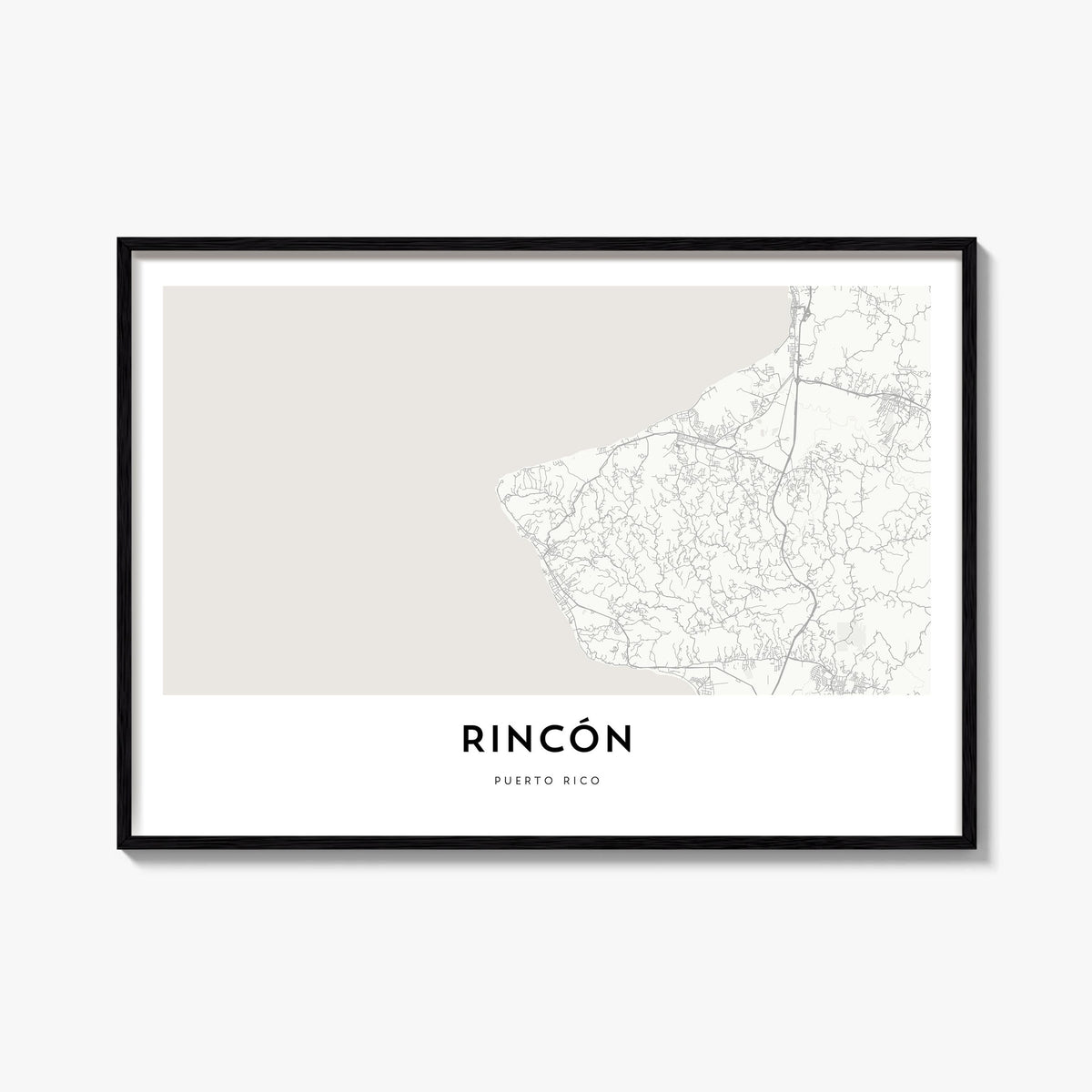 Rincón black & white map poster of Puerto Rico – horizontal wall art, unframed print shown in interior mockup