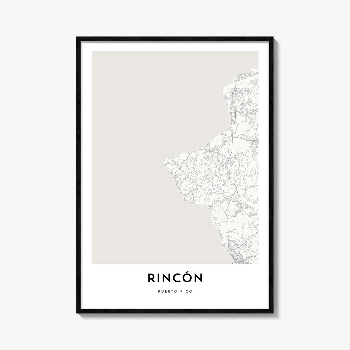 Rincón black & white map poster of Puerto Rico – vertical wall art, unframed print shown in interior mockup
