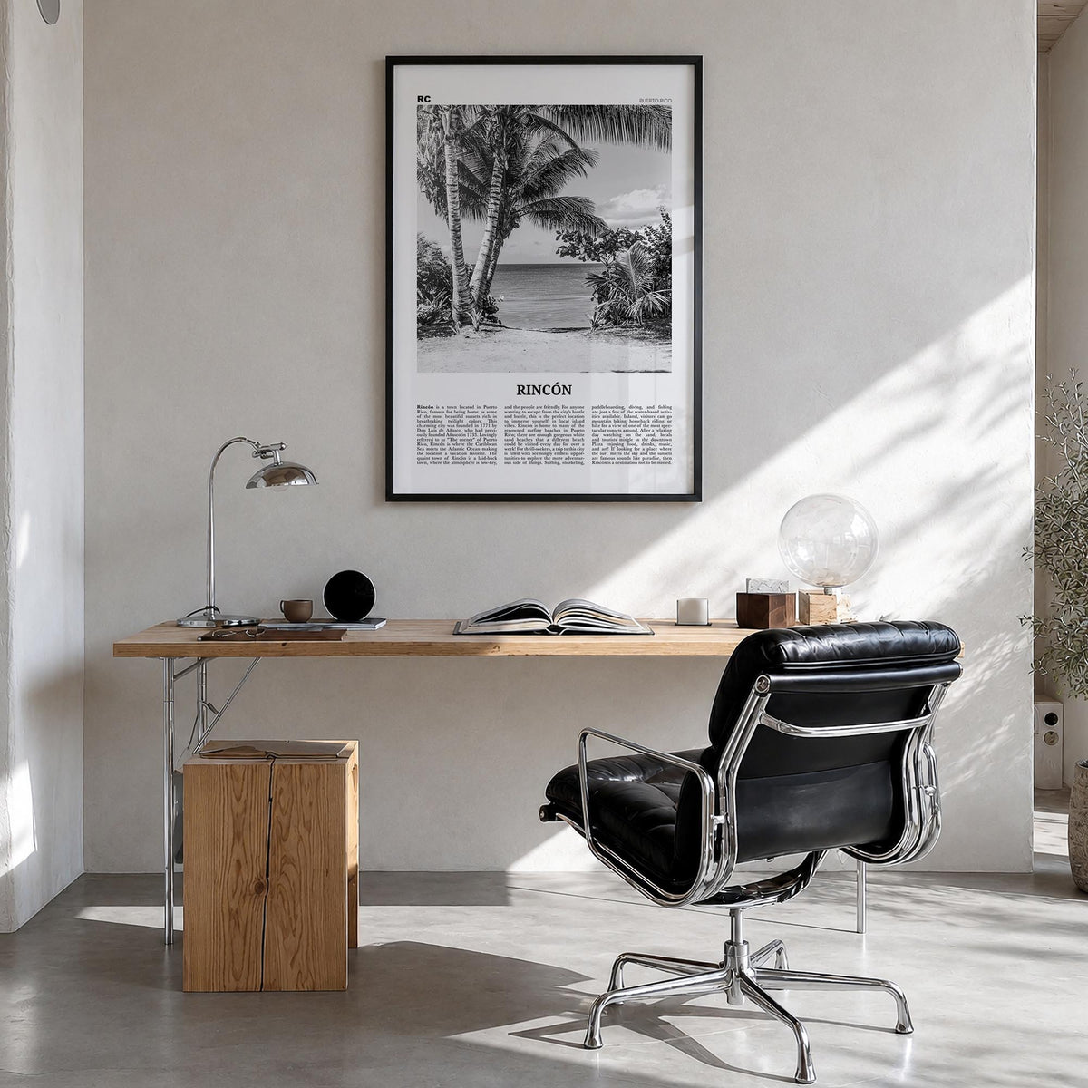 Rincón black & white newspaper poster of Puerto Rico – vertical wall art in black wood frame, hanging on wall