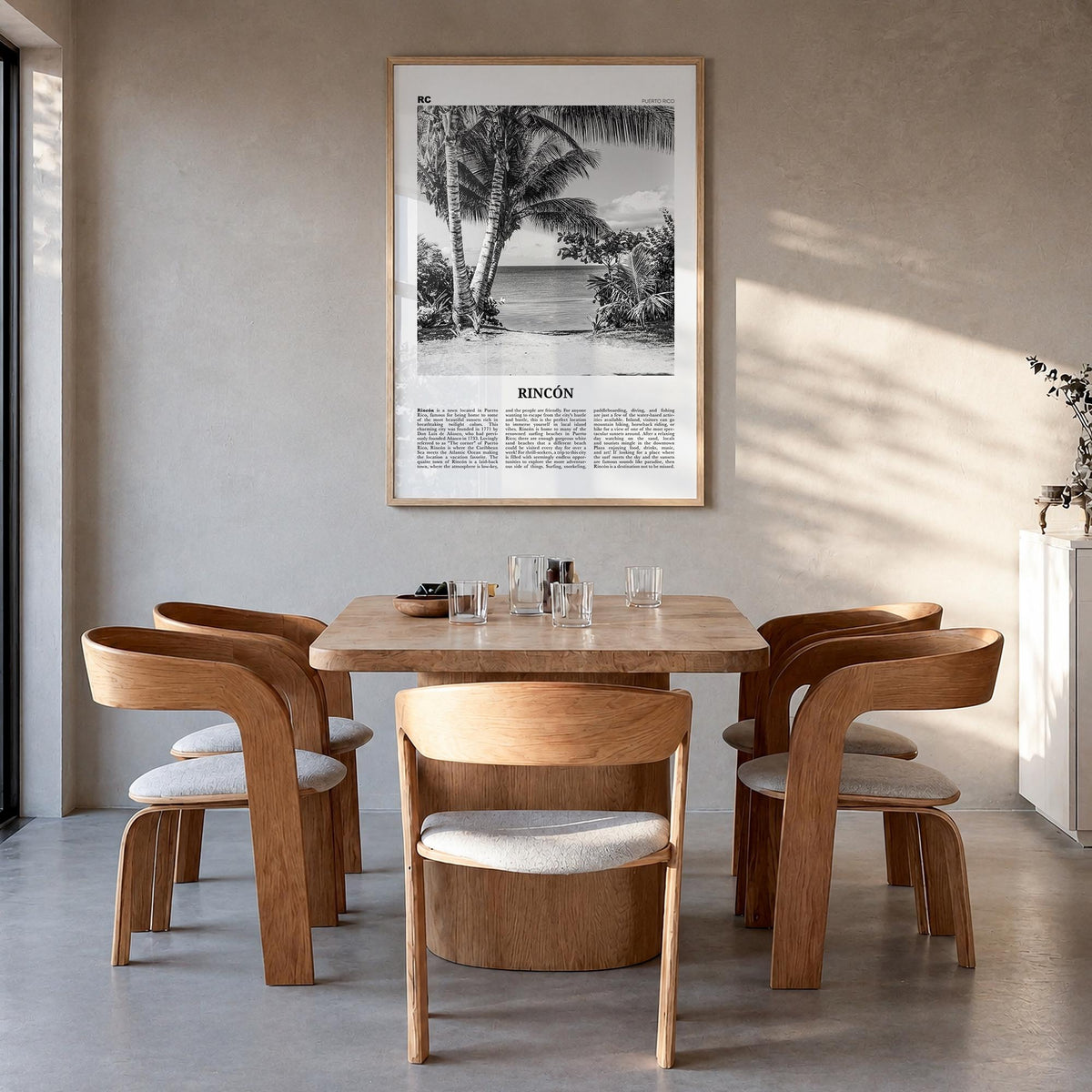 Rincón black & white newspaper poster of Puerto Rico – vertical wall art in natural wood frame, hanging on wall