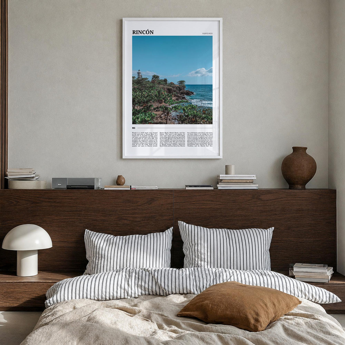 Rincón colorful travel poster of Puerto Rico – vertical wall art in white wood frame, hanging on wall