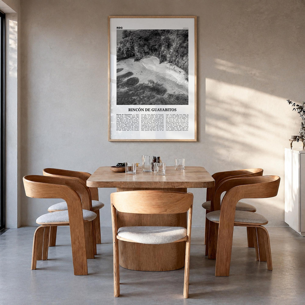 Rincón de Guayabitos black & white newspaper poster of Mexico – vertical wall art in natural wood frame, hanging on wall