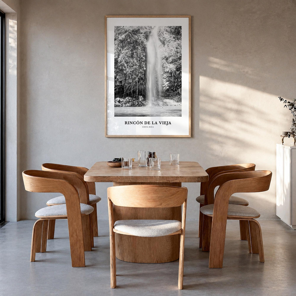 Rincón de la Vieja black & white classic poster of Costa Rica – vertical wall art in natural wood frame, hanging on wall