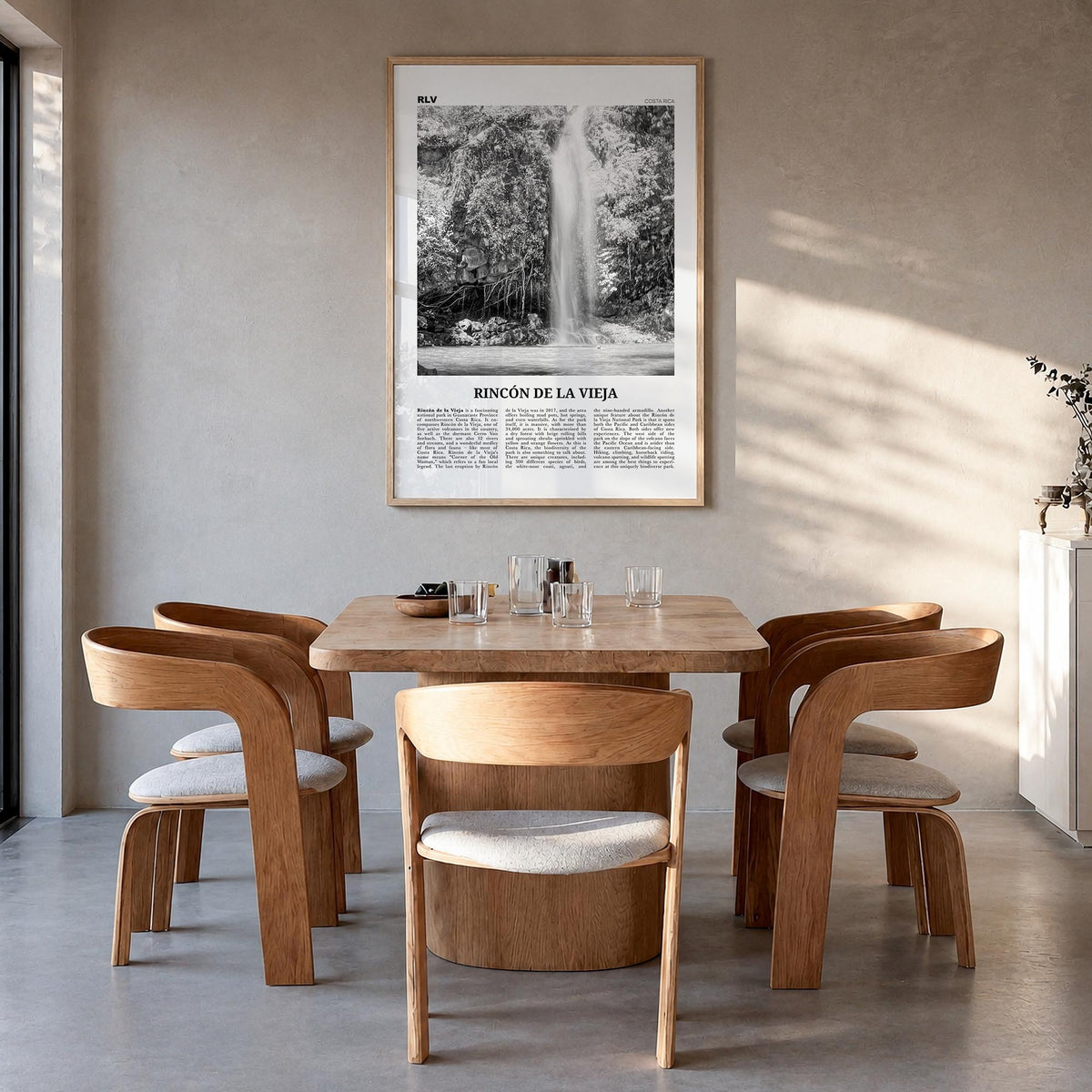 Rincón de la Vieja black & white newspaper poster of Costa Rica – vertical wall art in natural wood frame, hanging on wall