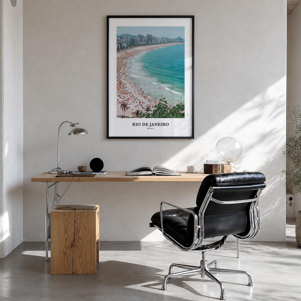 Rio de Janeiro colorful classic poster of Brazil – vertical wall art in black wood frame, hanging on wall