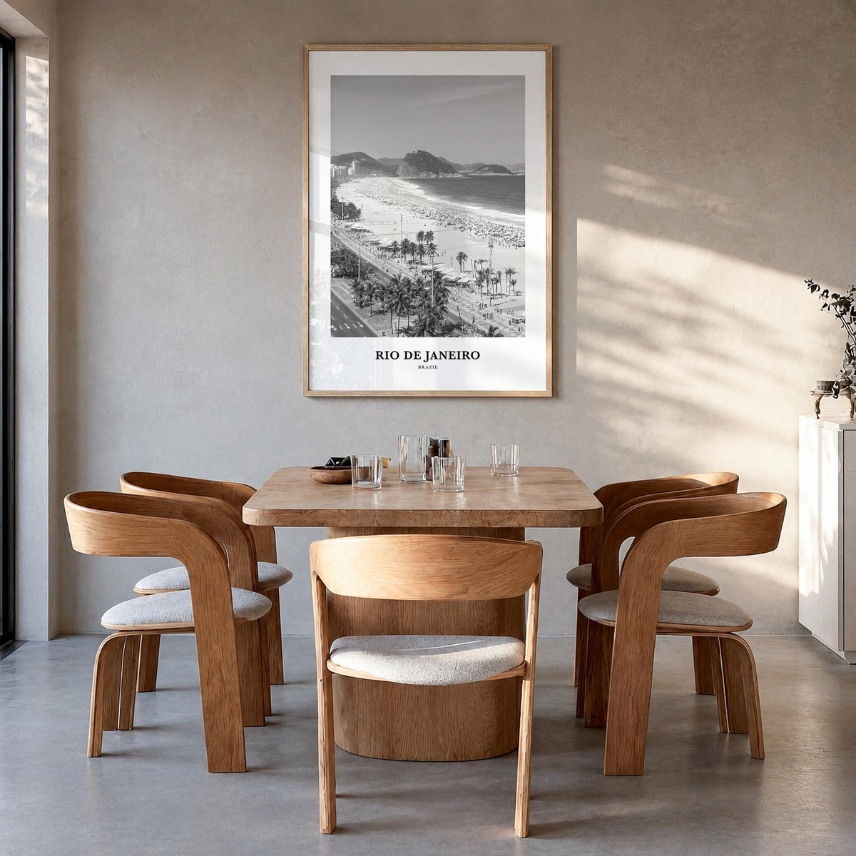Rio de Janeiro no. 1 black & white classic poster of Brazil – vertical wall art in natural wood frame, hanging on wall