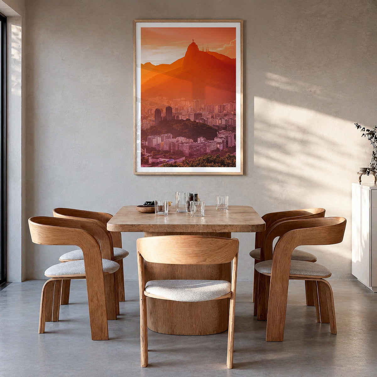 Rio de Janeiro no. 2 colorful photo poster of Brazil – vertical wall art in natural wood frame with white border, hanging on