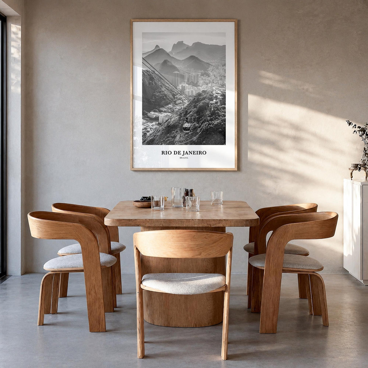 Rio de Janeiro no. 3 black & white classic poster of Brazil – vertical wall art in natural wood frame, hanging on wall