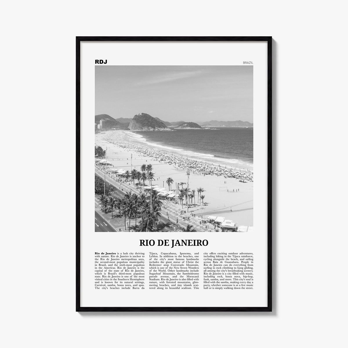 Rio de Janeiro no. 4 black & white newspaper poster of Brazil – vertical wall art, unframed print shown in interior mockup