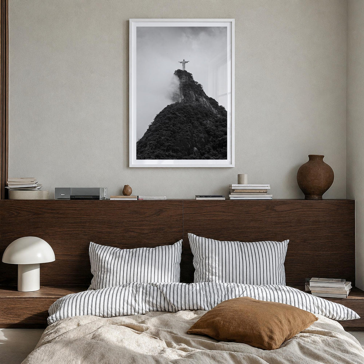 Rio de Janeiro no. 4 black & white photo poster of Brazil – vertical wall art in white wood frame with white border, hanging