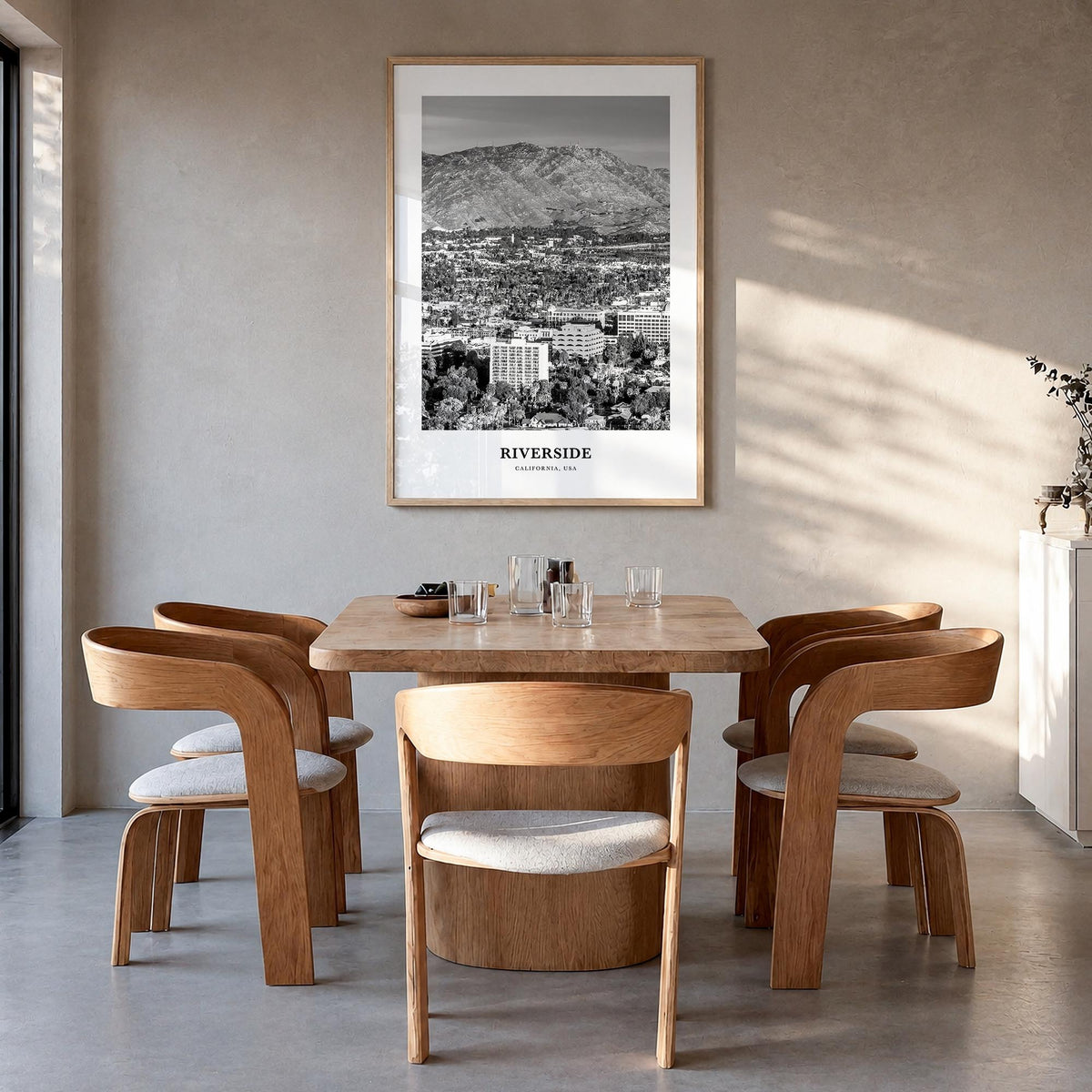 Riverside black & white classic poster of California, USA – vertical wall art in natural wood frame, hanging on wall