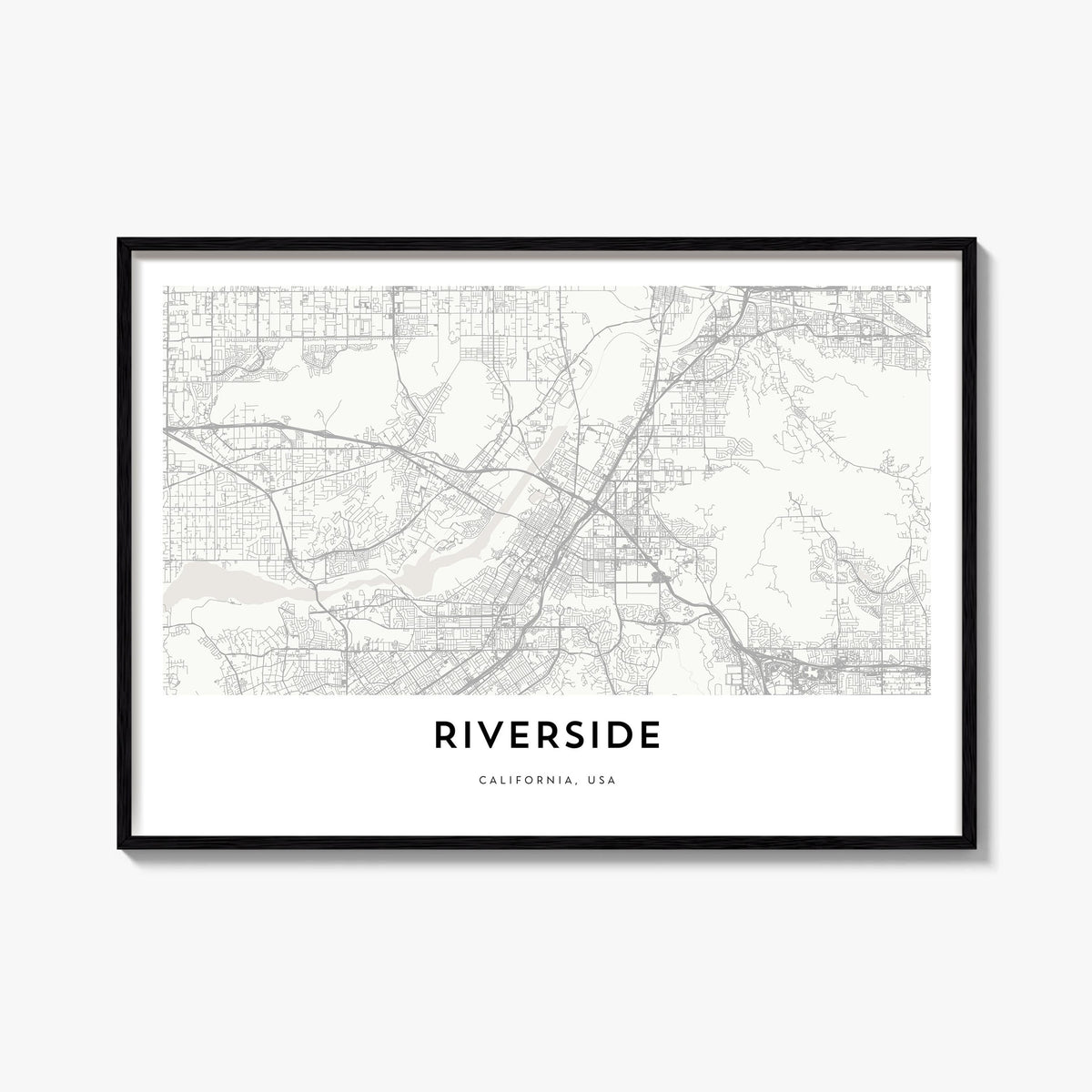 Riverside black & white map poster of California, USA – horizontal wall art, unframed print shown in interior mockup