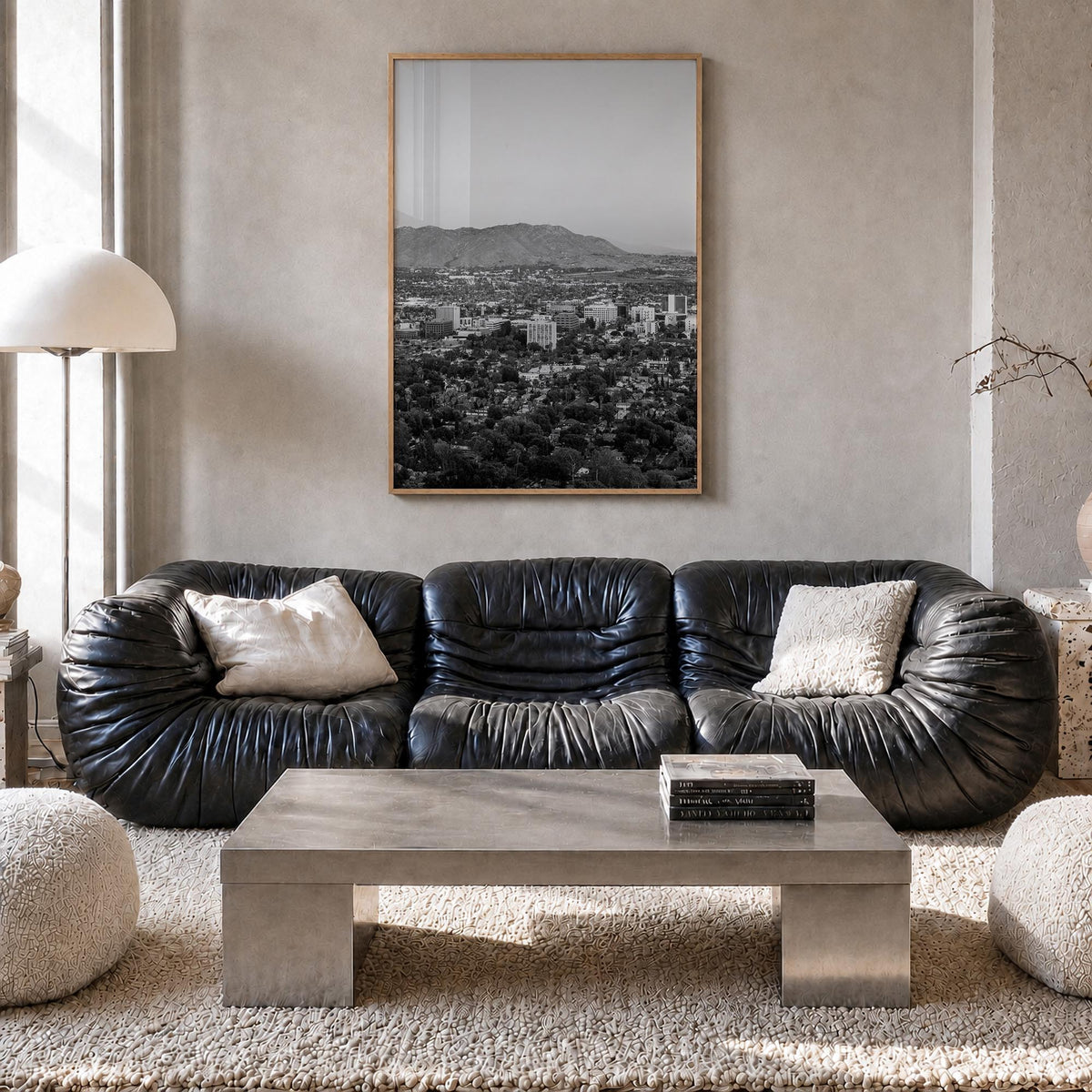 Riverside black & white photo poster of California, USA – vertical wall art in natural wood frame, hanging on wall