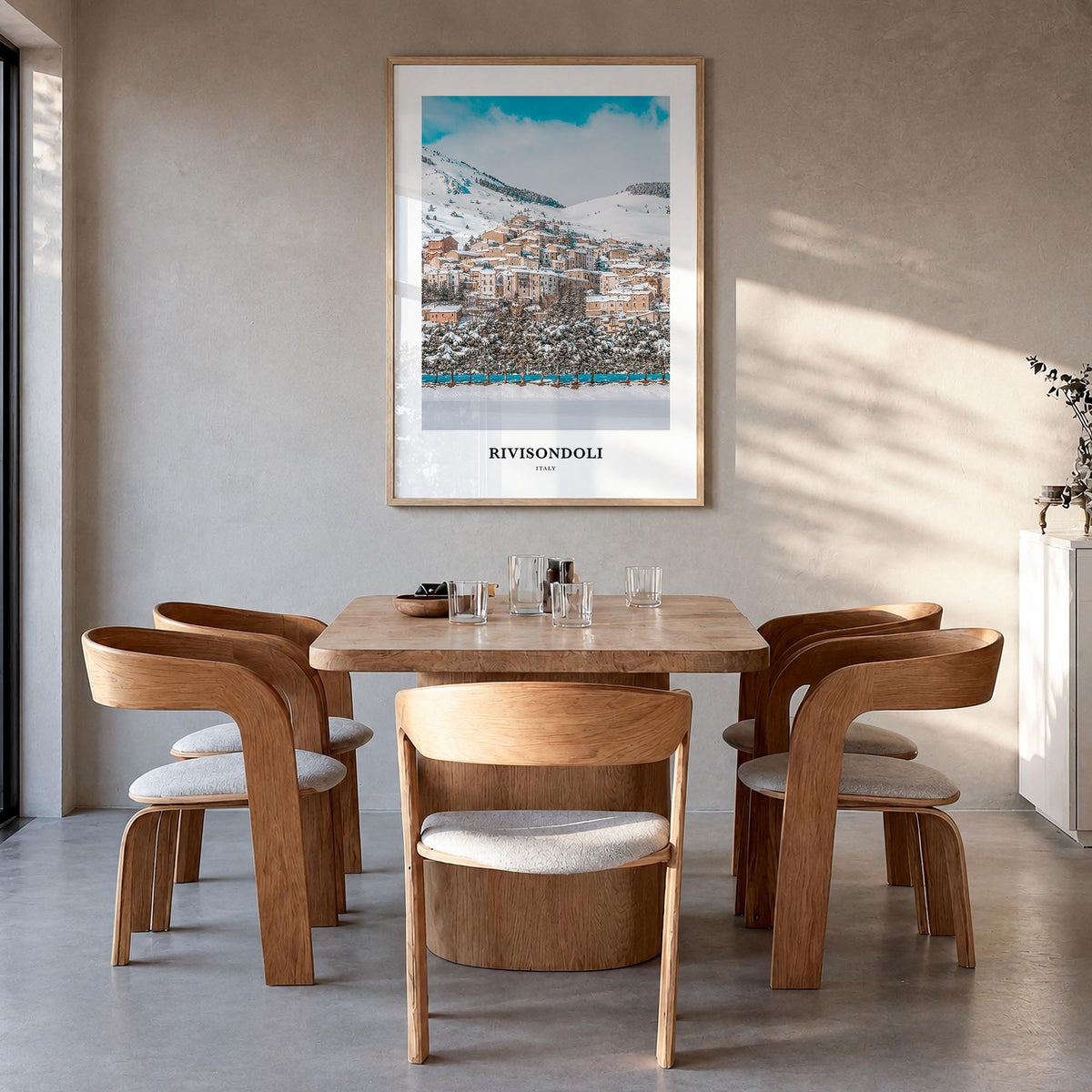 Rivisondoli colorful classic poster of Italy – vertical wall art in natural wood frame, hanging on wall
