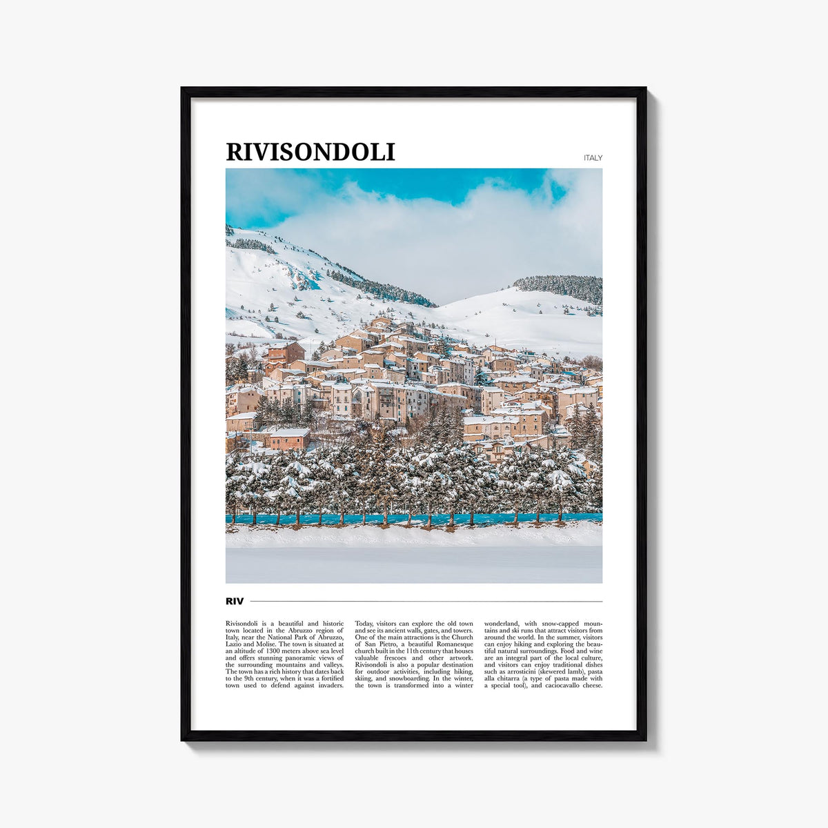 Rivisondoli colorful travel poster of Italy – vertical wall art, unframed print shown in interior mockup