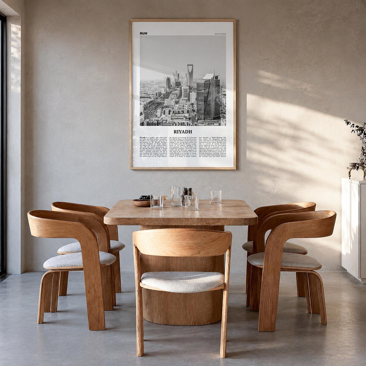 Riyadh black & white newspaper poster of Saudi Arabia – vertical wall art in natural wood frame, hanging on wall