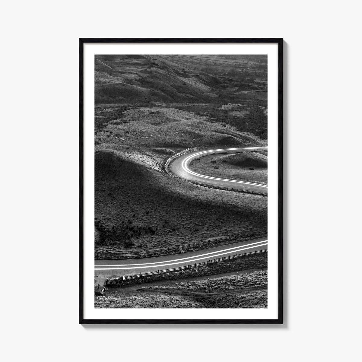 Road black & white photo poster – vertical wall art, unframed print shown in interior mockup