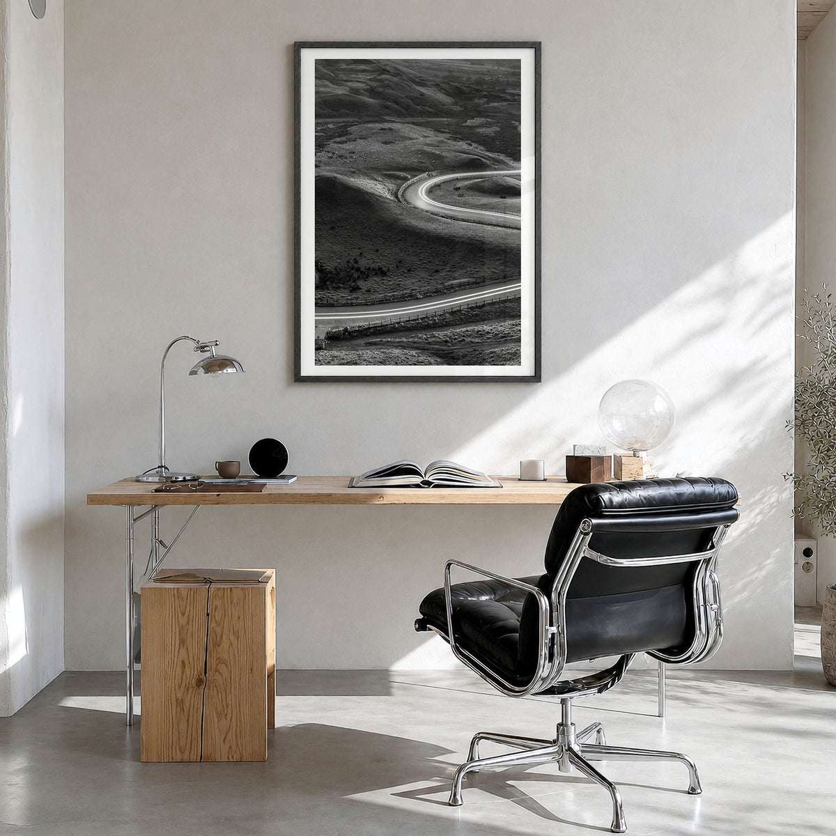 Road Photo No 2 Poster in a black wood frame, hanging in a bright home office, white border