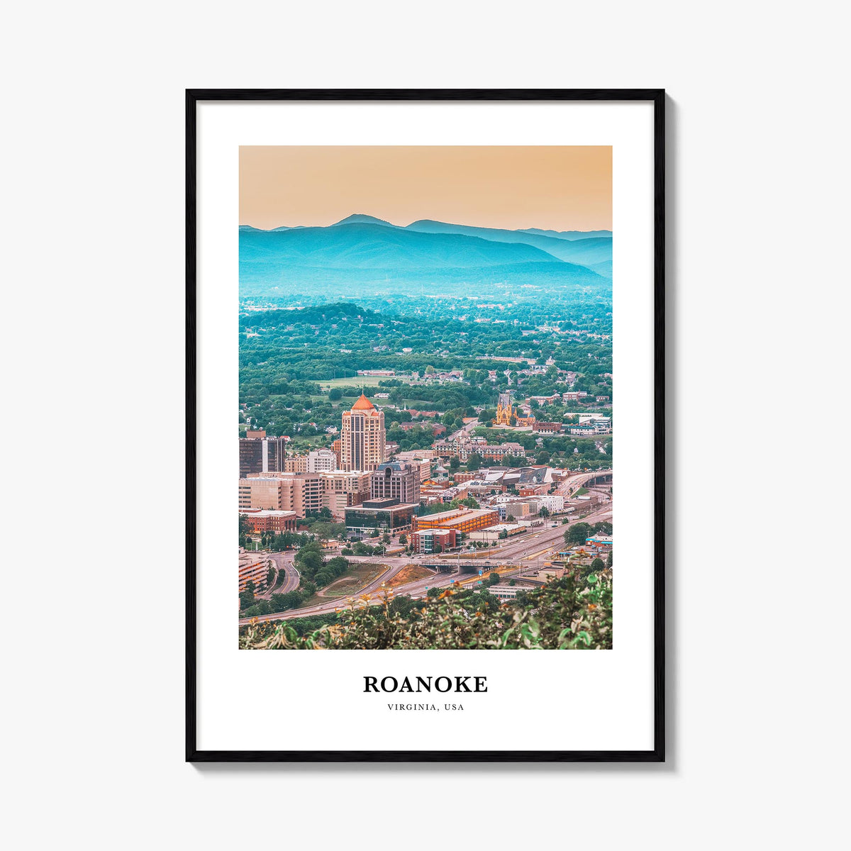 Roanoke colorful classic poster of Virginia, USA – vertical wall art, unframed print shown in interior mockup