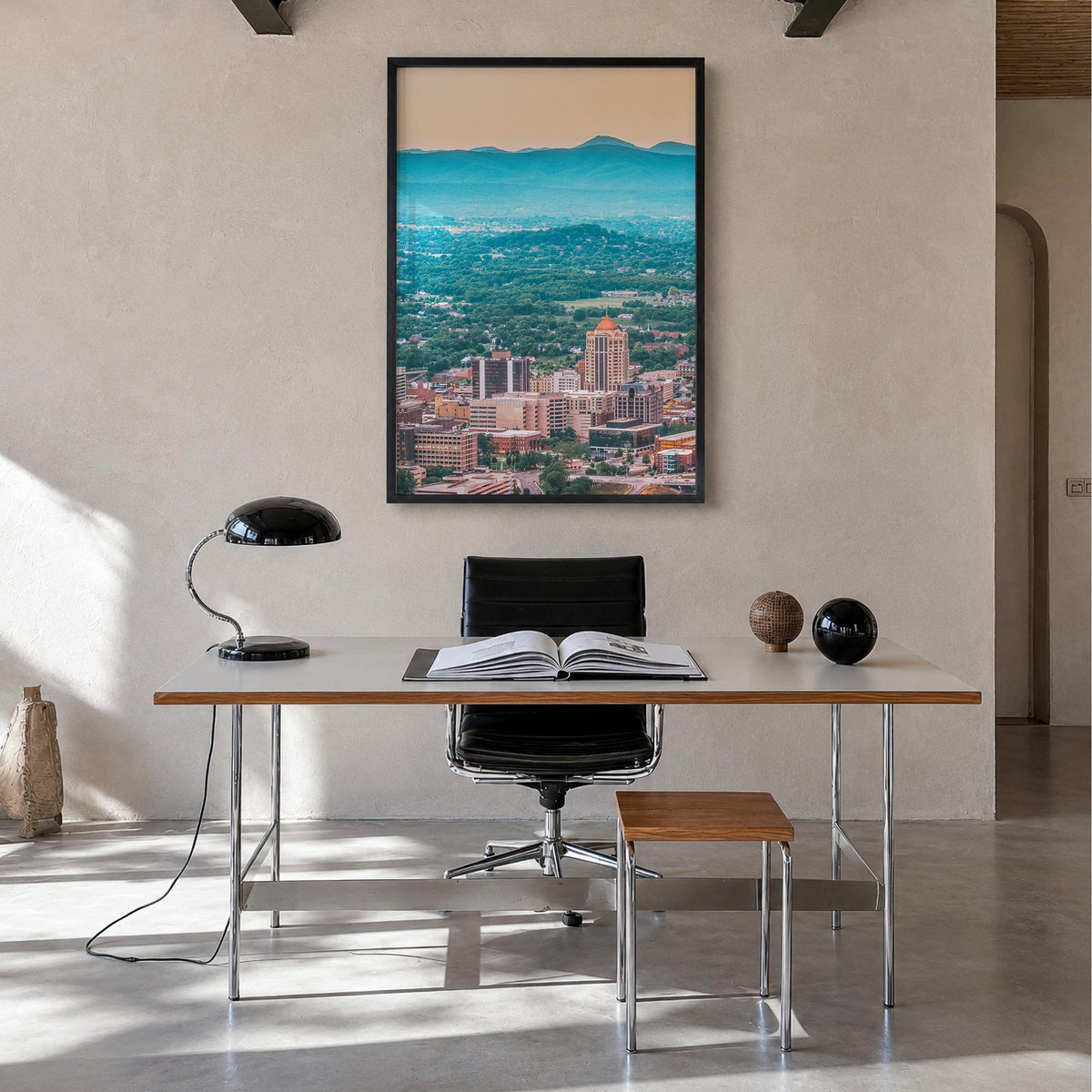 Roanoke colorful photo poster of Virginia, USA – vertical wall art in black wood frame, hanging on wall