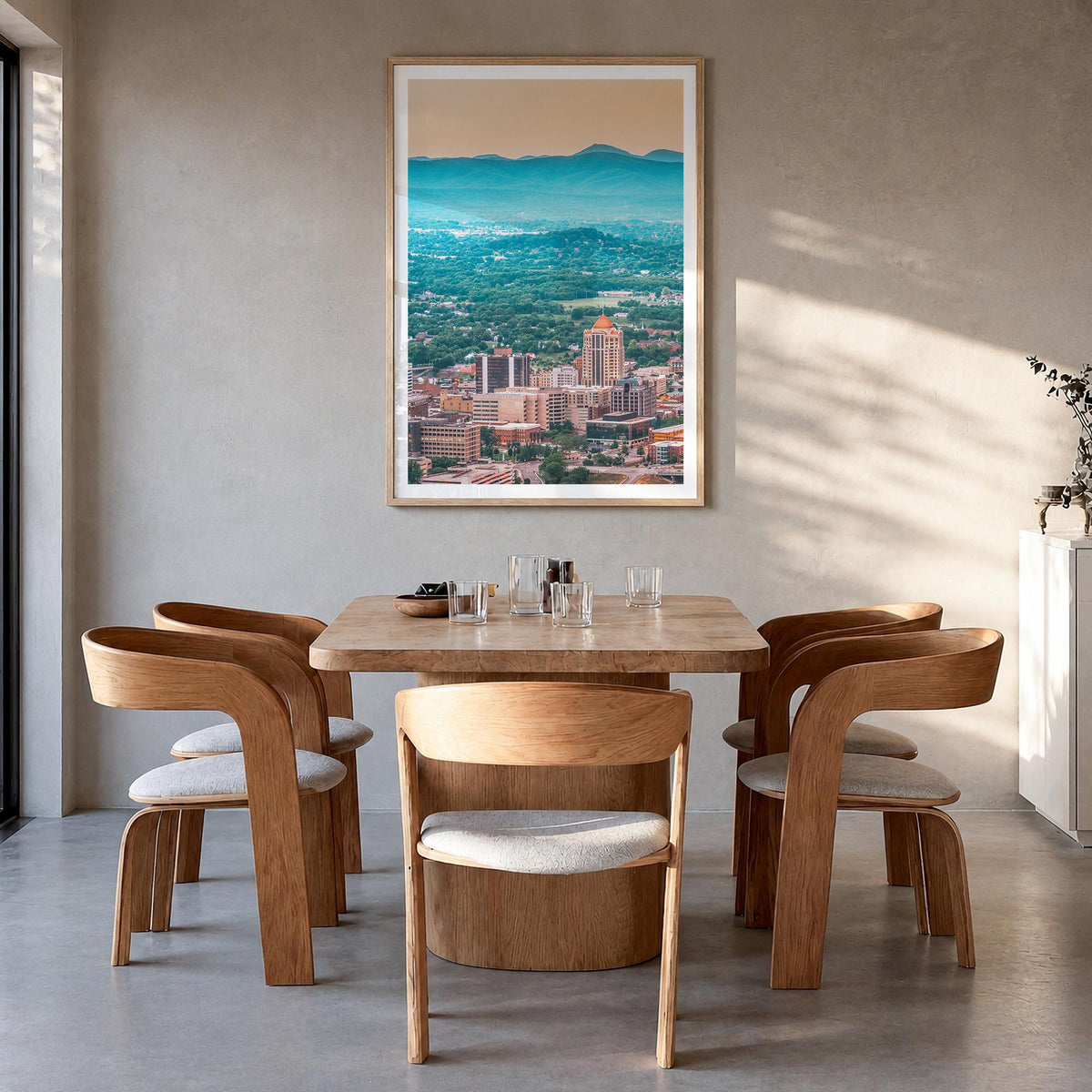 Roanoke colorful photo poster of Virginia, USA – vertical wall art in natural wood frame with white border, hanging on wall