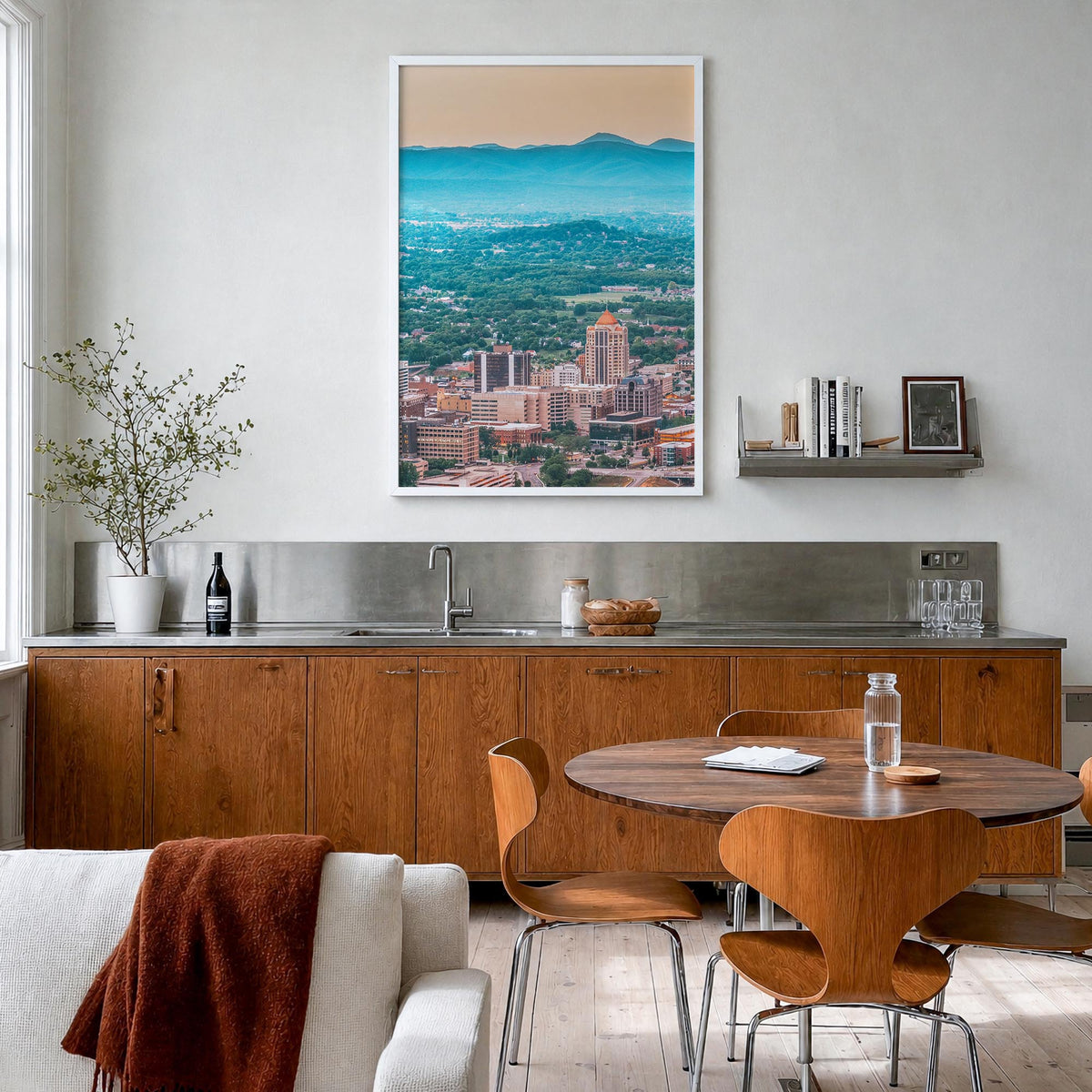 Roanoke colorful photo poster of Virginia, USA – vertical wall art in white wood frame, hanging on wall