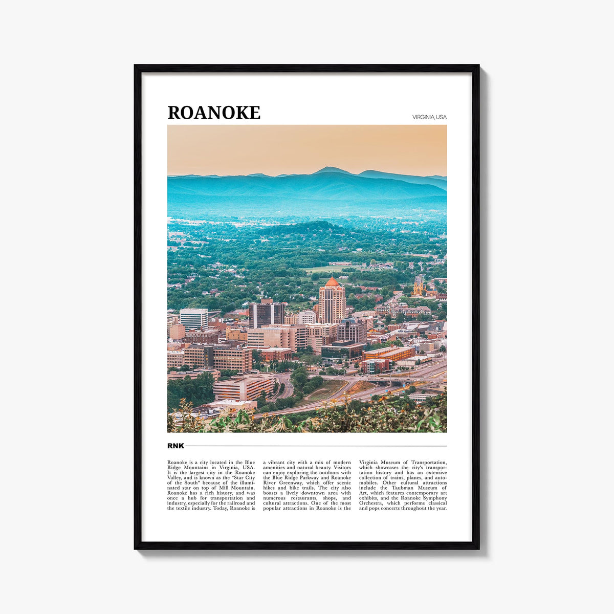 Roanoke colorful travel poster of Virginia, USA – vertical wall art, unframed print shown in interior mockup