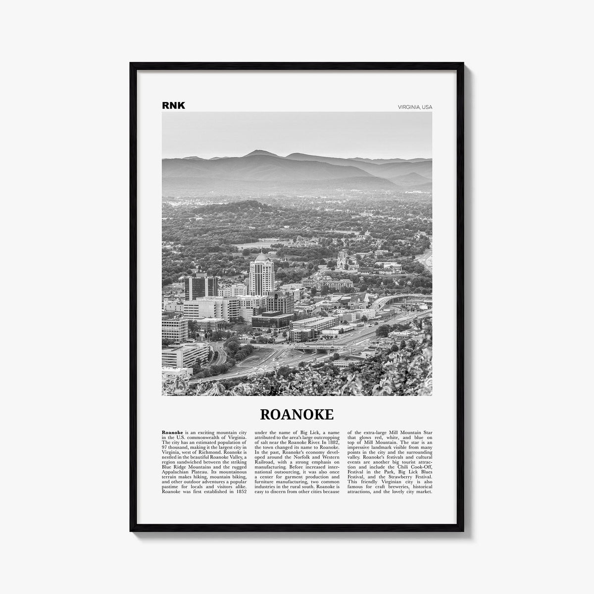 Roanoke no. 1 black & white newspaper poster of Virginia, USA – vertical wall art, unframed print shown in interior mockup