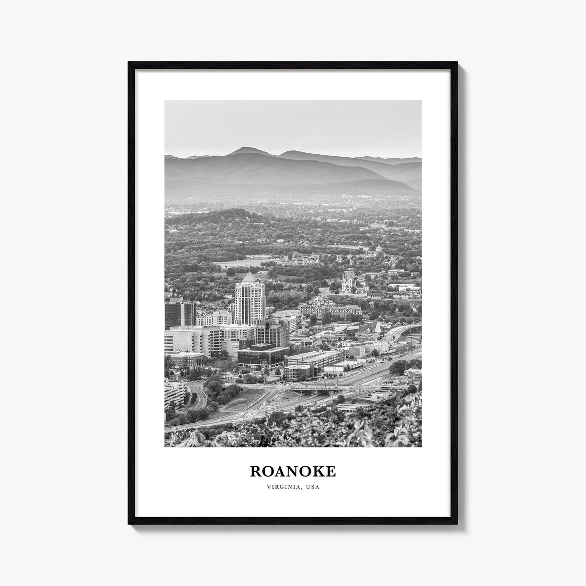 Roanoke no. 2 black & white classic poster of Virginia, USA – vertical wall art, unframed print shown in interior mockup