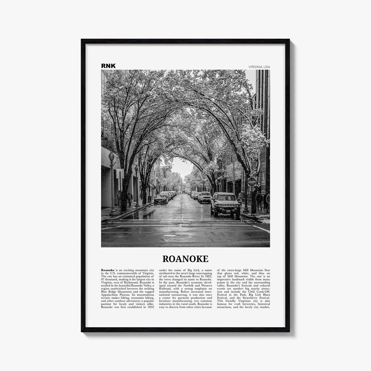 Roanoke no. 2 black & white newspaper poster of Virginia, USA – vertical wall art, unframed print shown in interior mockup