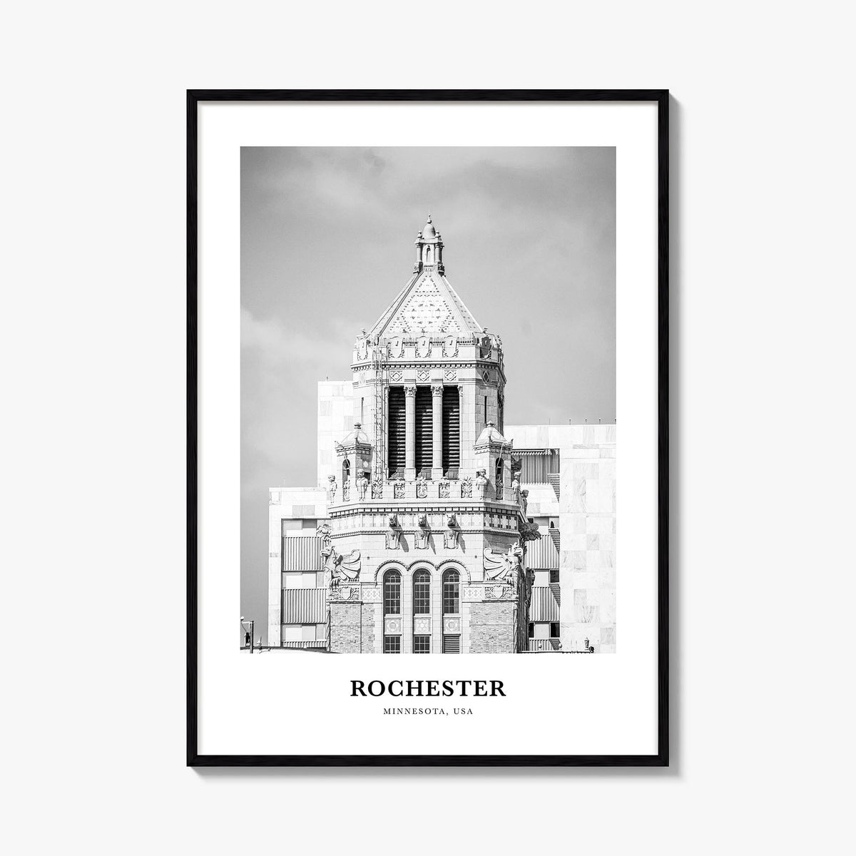 Rochester, Minnesota black & white classic poster of Minnesota, USA – vertical wall art, unframed print shown in interior moc