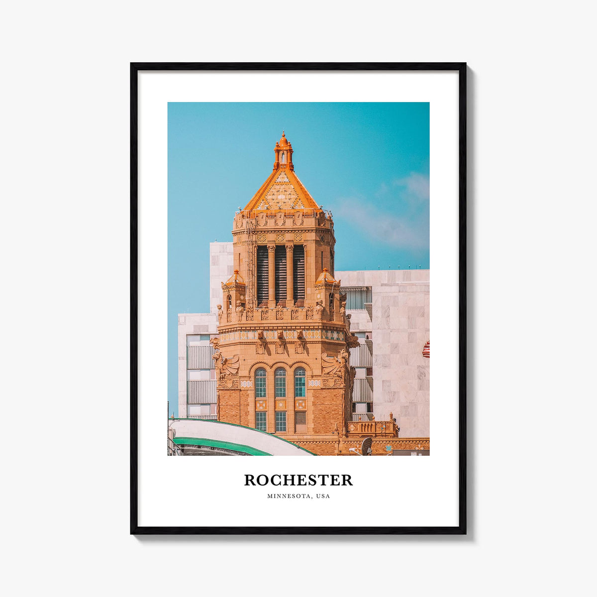 Rochester, Minnesota colorful classic poster of Minnesota, USA – vertical wall art, unframed print shown in interior mockup