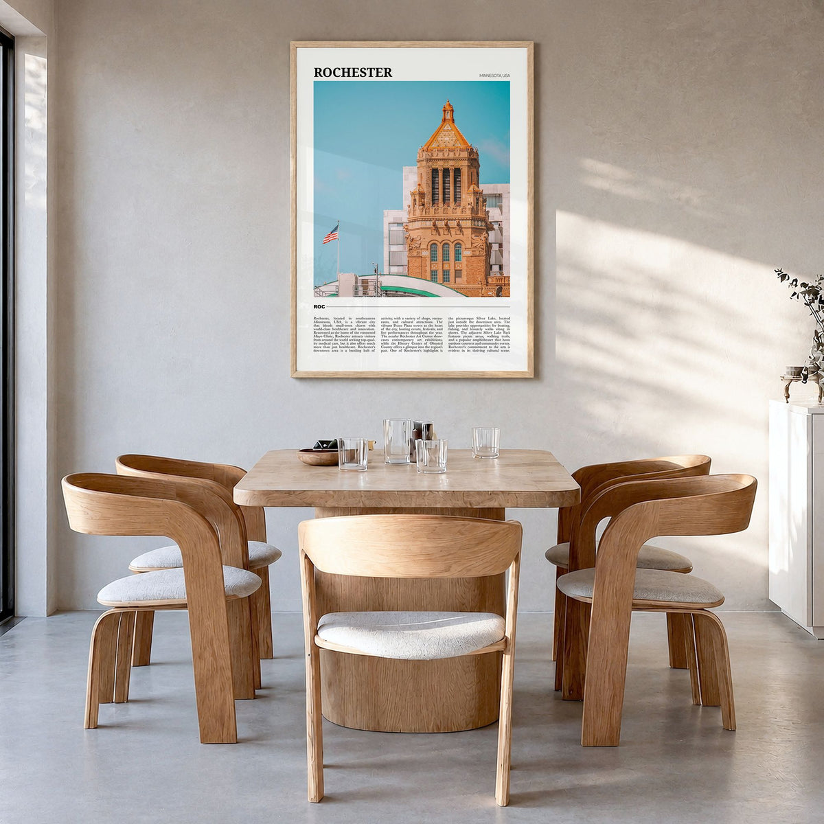 Rochester, Minnesota Travel Poster in a natural wood frame, hanging in a dining room