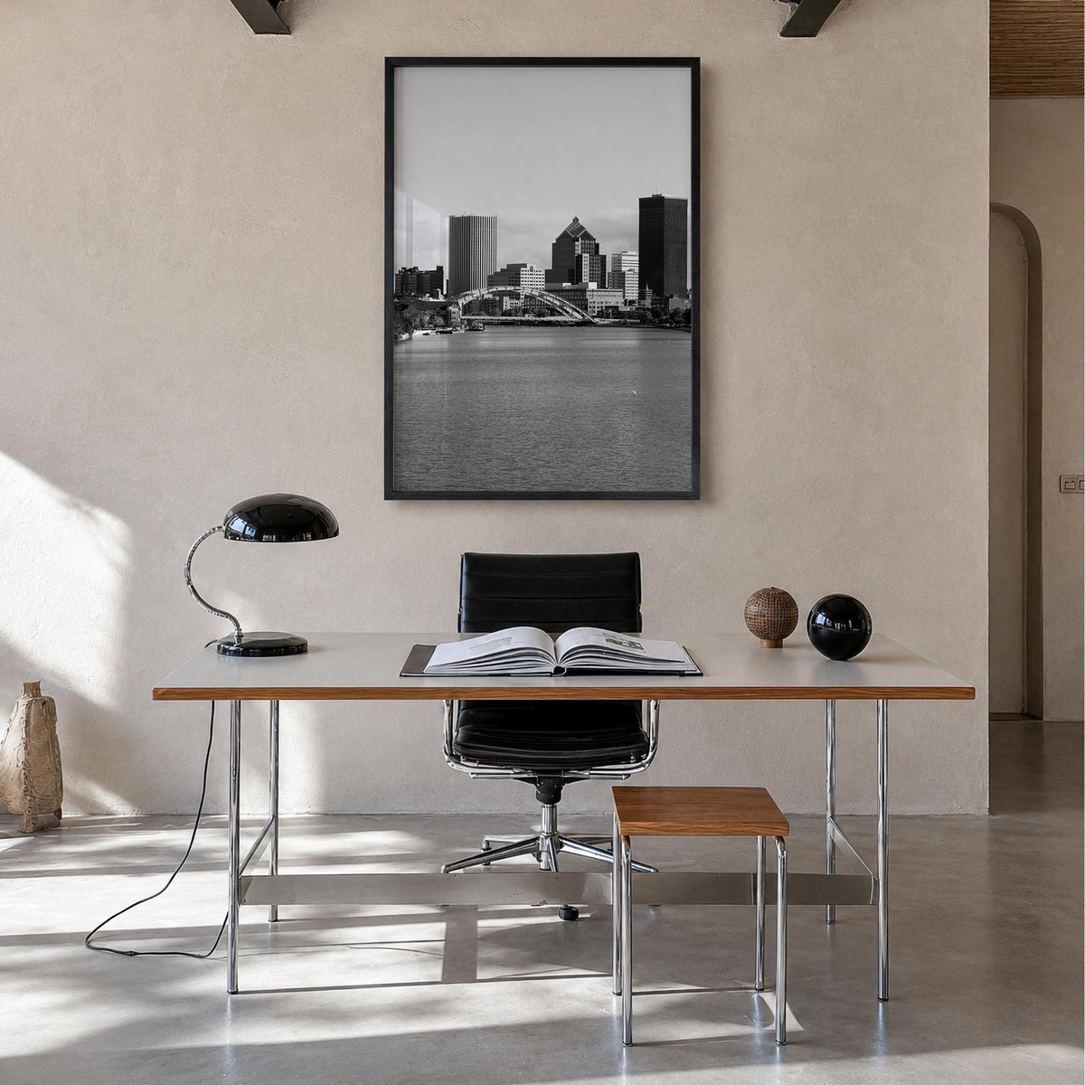 Rochester, New York black & white photo poster of New York, USA – vertical wall art in black wood frame, hanging on wall