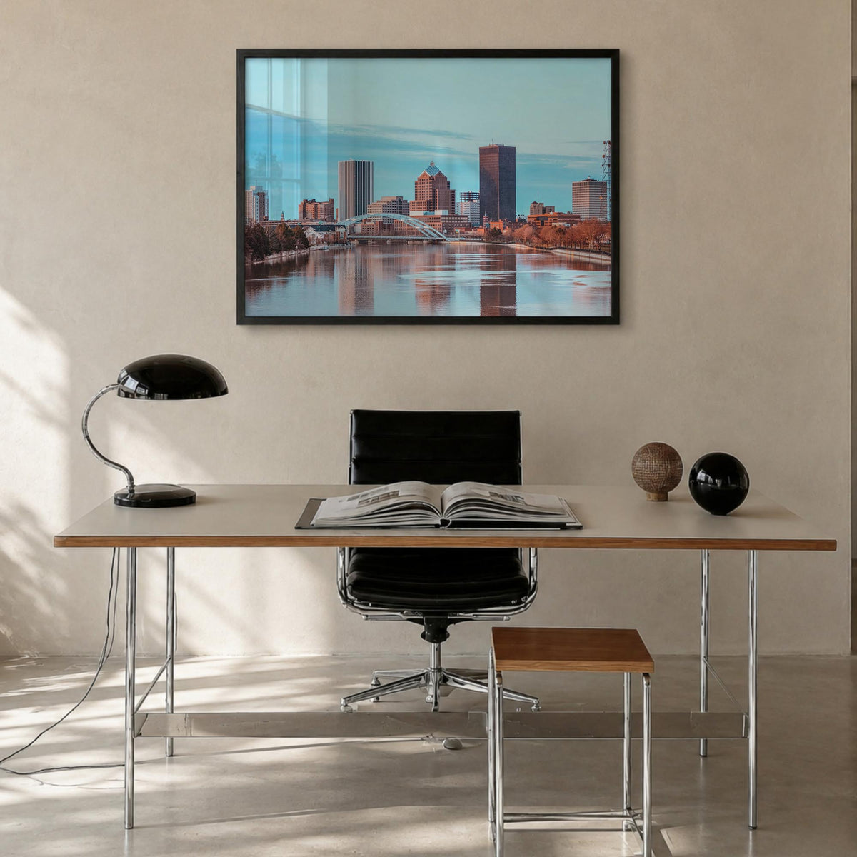 Rochester, New York colorful photo poster of New York, USA – horizontal wall art in black wood frame, hanging on wall
