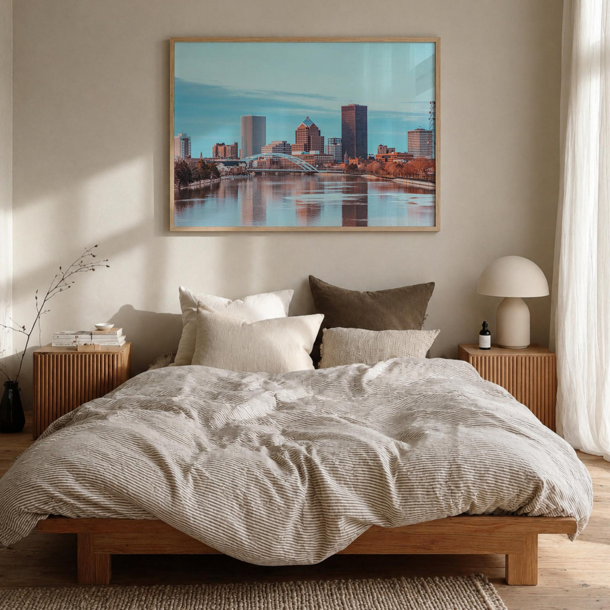 Rochester, New York colorful photo poster of New York, USA – horizontal wall art in natural wood frame, hanging on wall