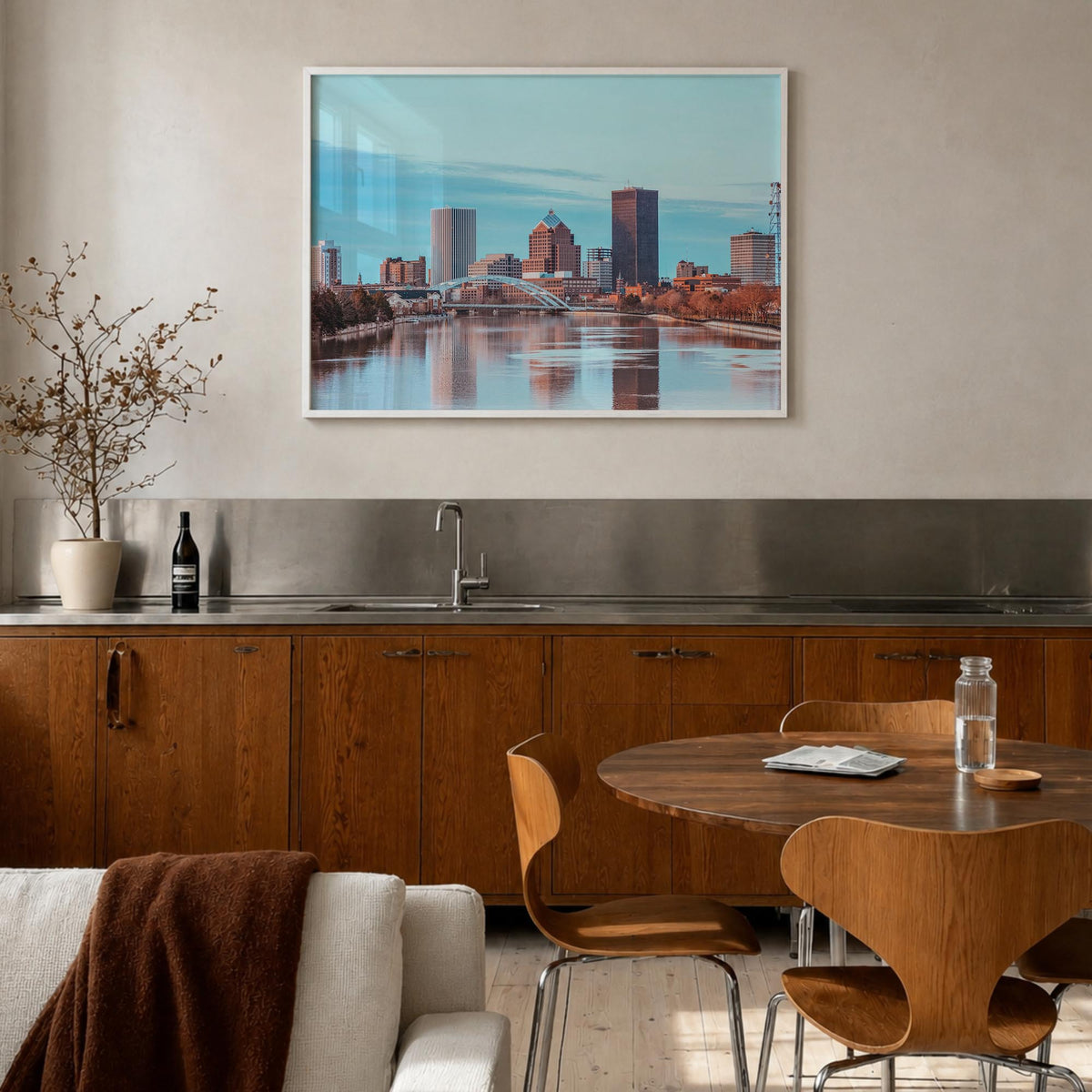Rochester, New York colorful photo poster of New York, USA – horizontal wall art in white wood frame, hanging on wall