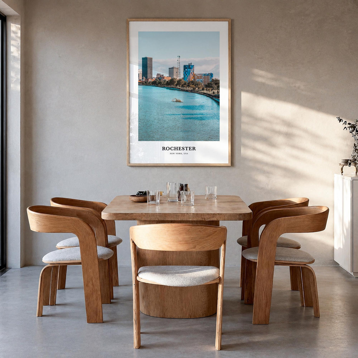Rochester, New York no. 1 colorful classic poster of New York, USA – vertical wall art in natural wood frame, hanging on wall