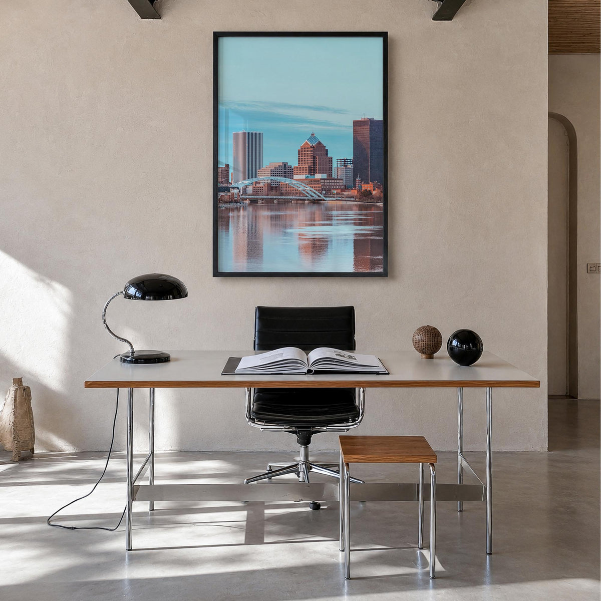 Rochester, New York no. 1 colorful photo poster of New York, USA – vertical wall art in black wood frame, hanging on wall