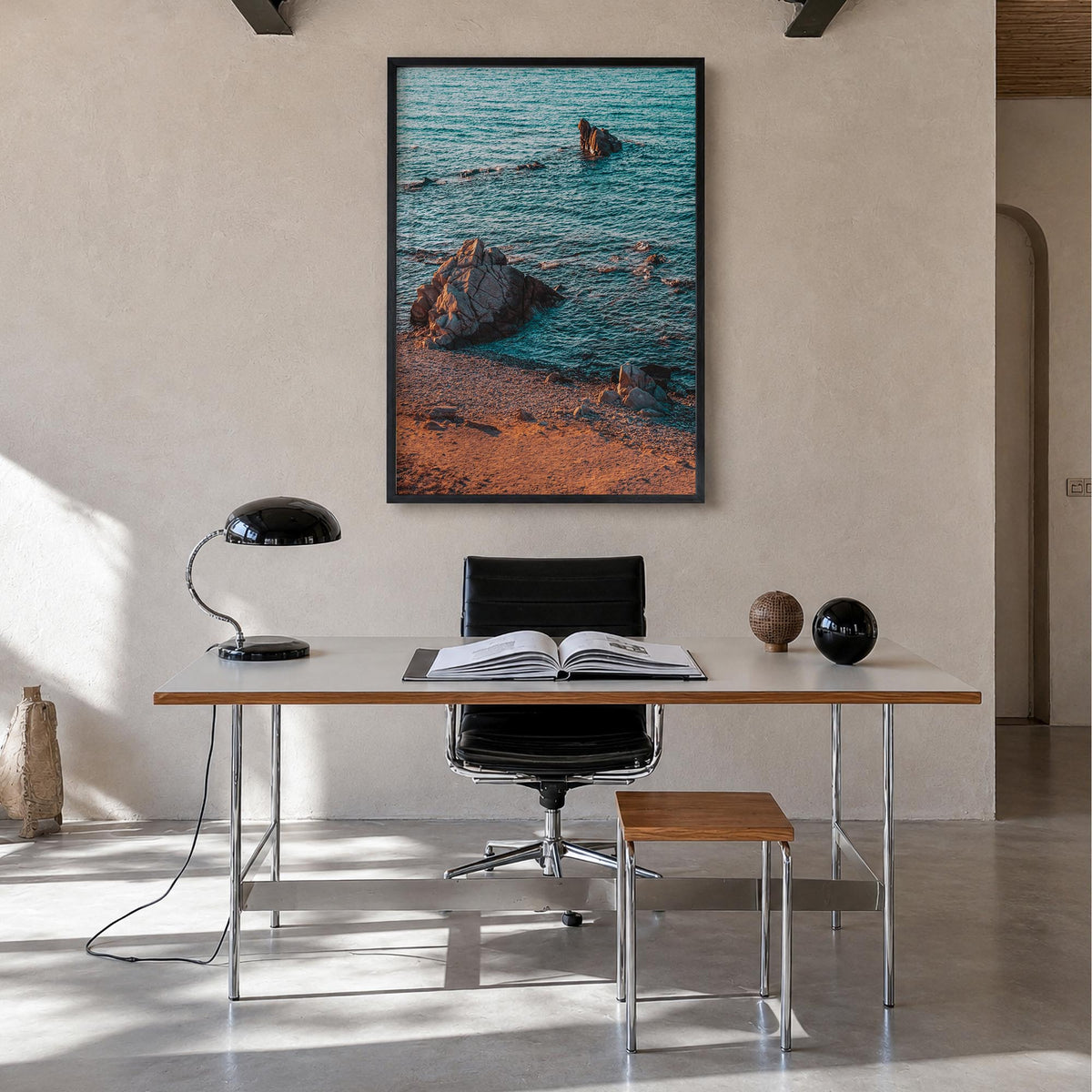 Rock Beach colorful photo poster – vertical wall art in black wood frame, hanging on wall