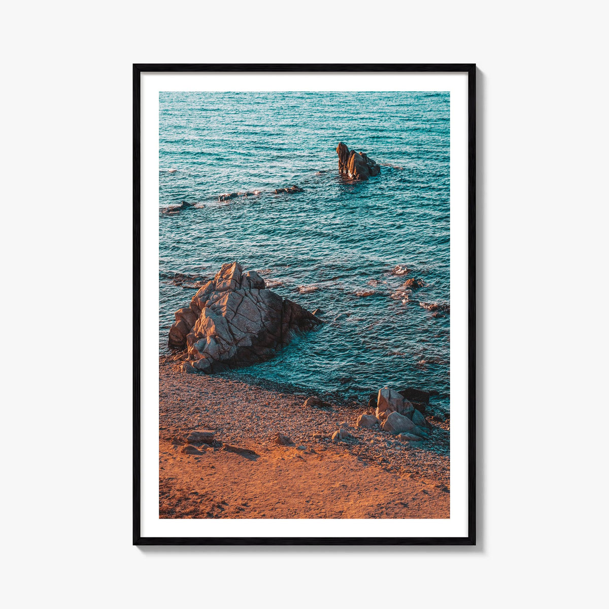 Rock Beach colorful photo poster – vertical wall art, unframed print shown in interior mockup