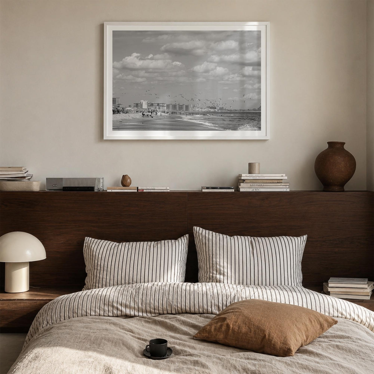 Rockaway Beach black & white photo poster of Queens, New York City – horizontal wall art in white wood frame with white borde