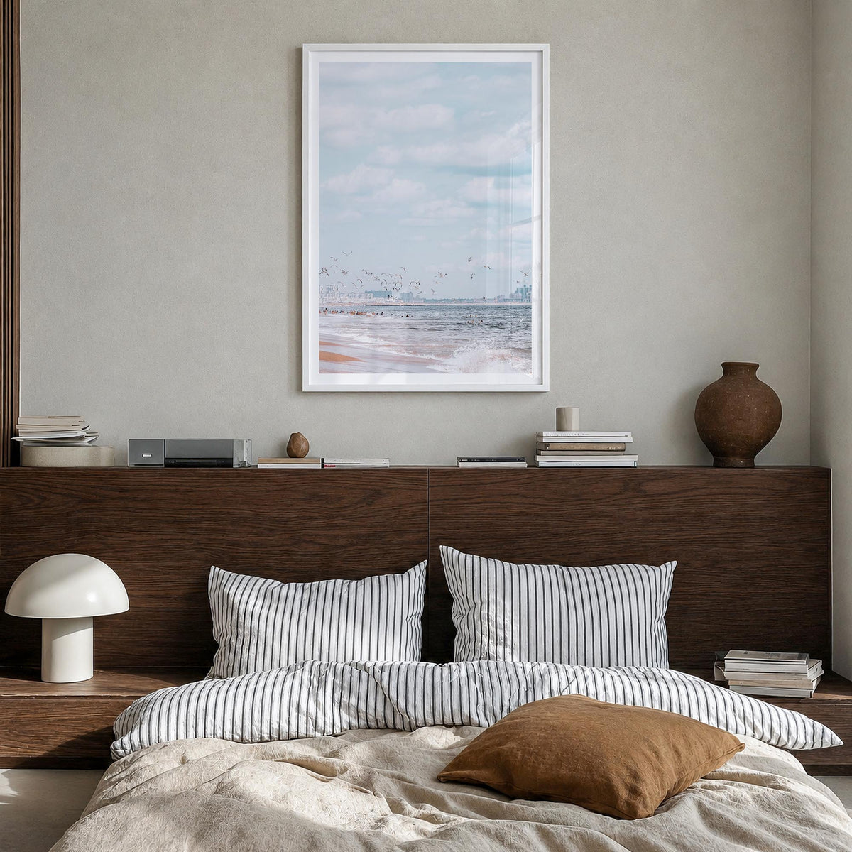 Rockaway Beach no. 1 colorful photo poster of Queens, New York City – vertical wall art in white wood frame with white border