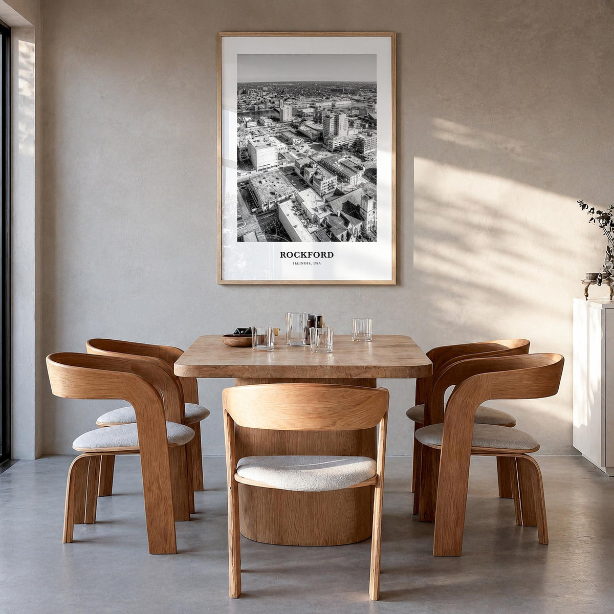 Rockford black & white classic poster of Illinois, USA – vertical wall art in natural wood frame, hanging on wall