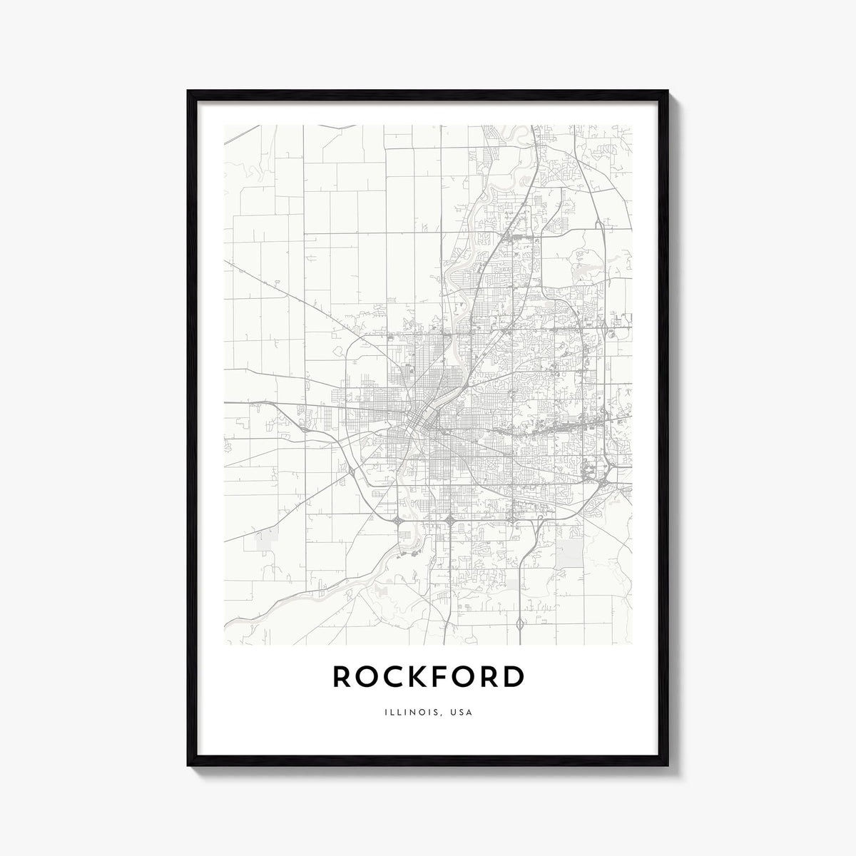 Rockford black & white map poster of Illinois, USA – vertical wall art, unframed print shown in interior mockup