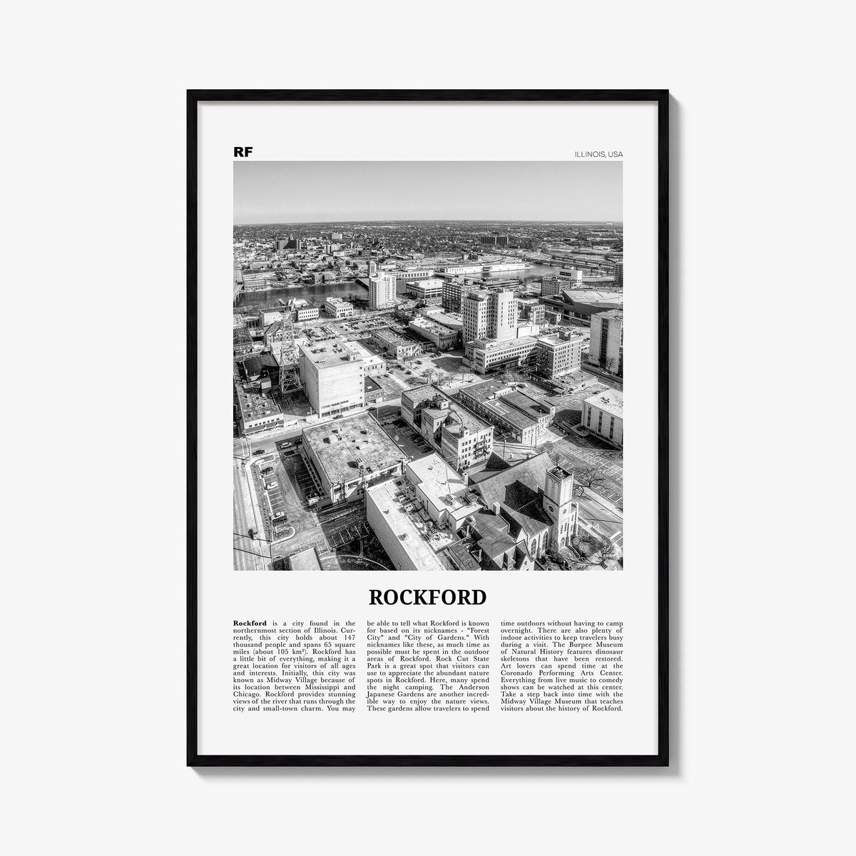 Rockford black & white newspaper poster of Illinois, USA – vertical wall art, unframed print shown in interior mockup