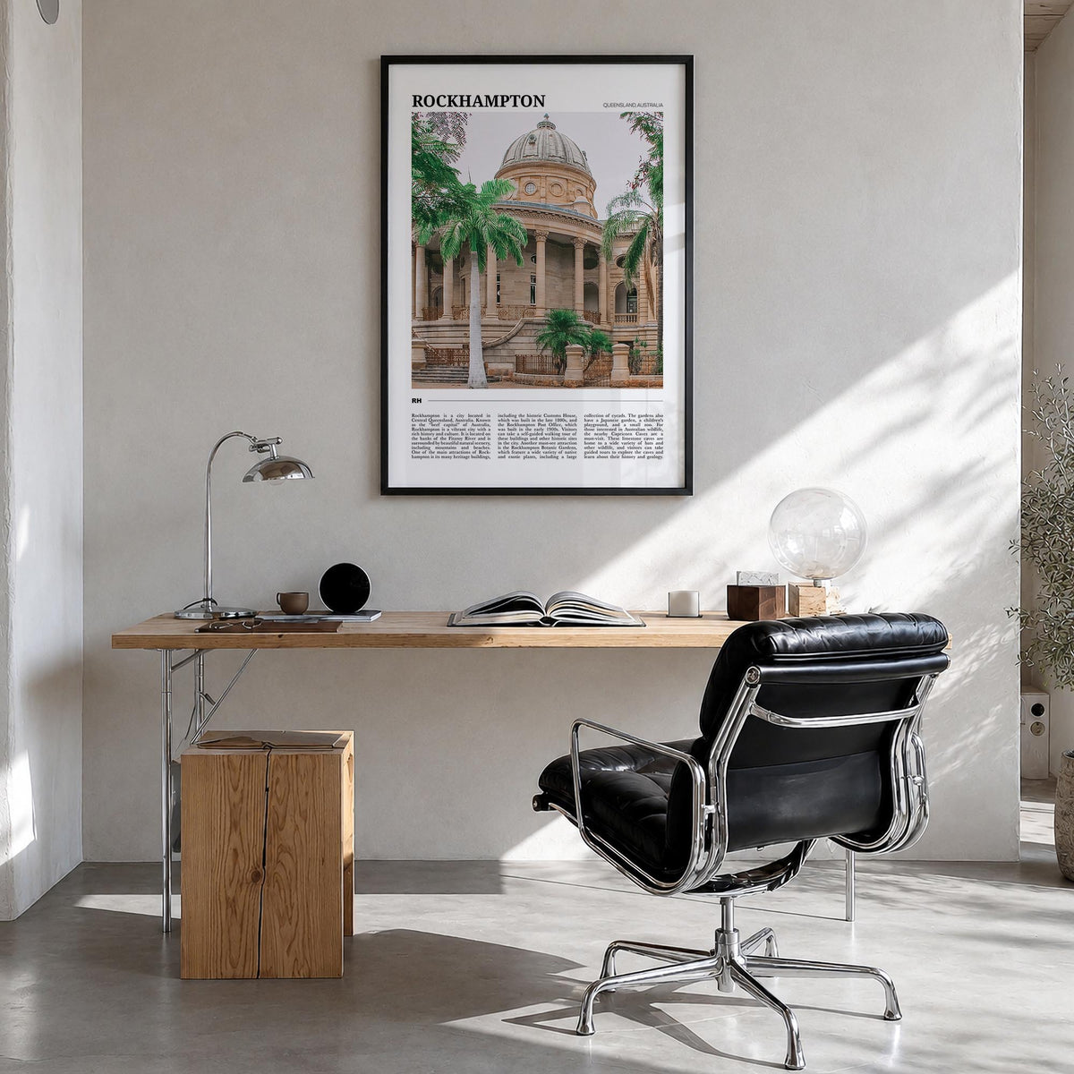Rockhampton colorful travel poster of Australia – vertical wall art in black wood frame, hanging on wall